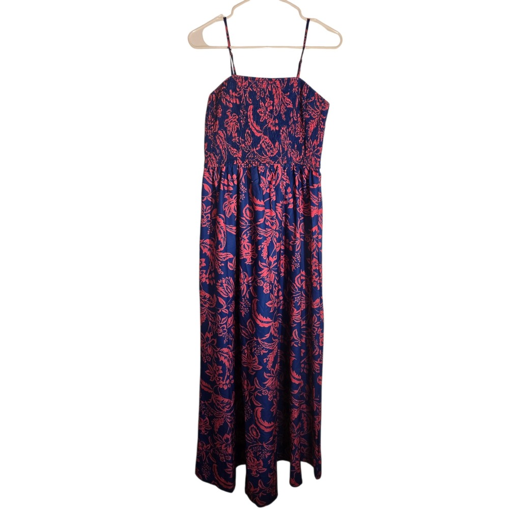 Blue Pink Floral Smocked Maxi Dress Womens Sleeveless Spaghetti Strap Summer M‎